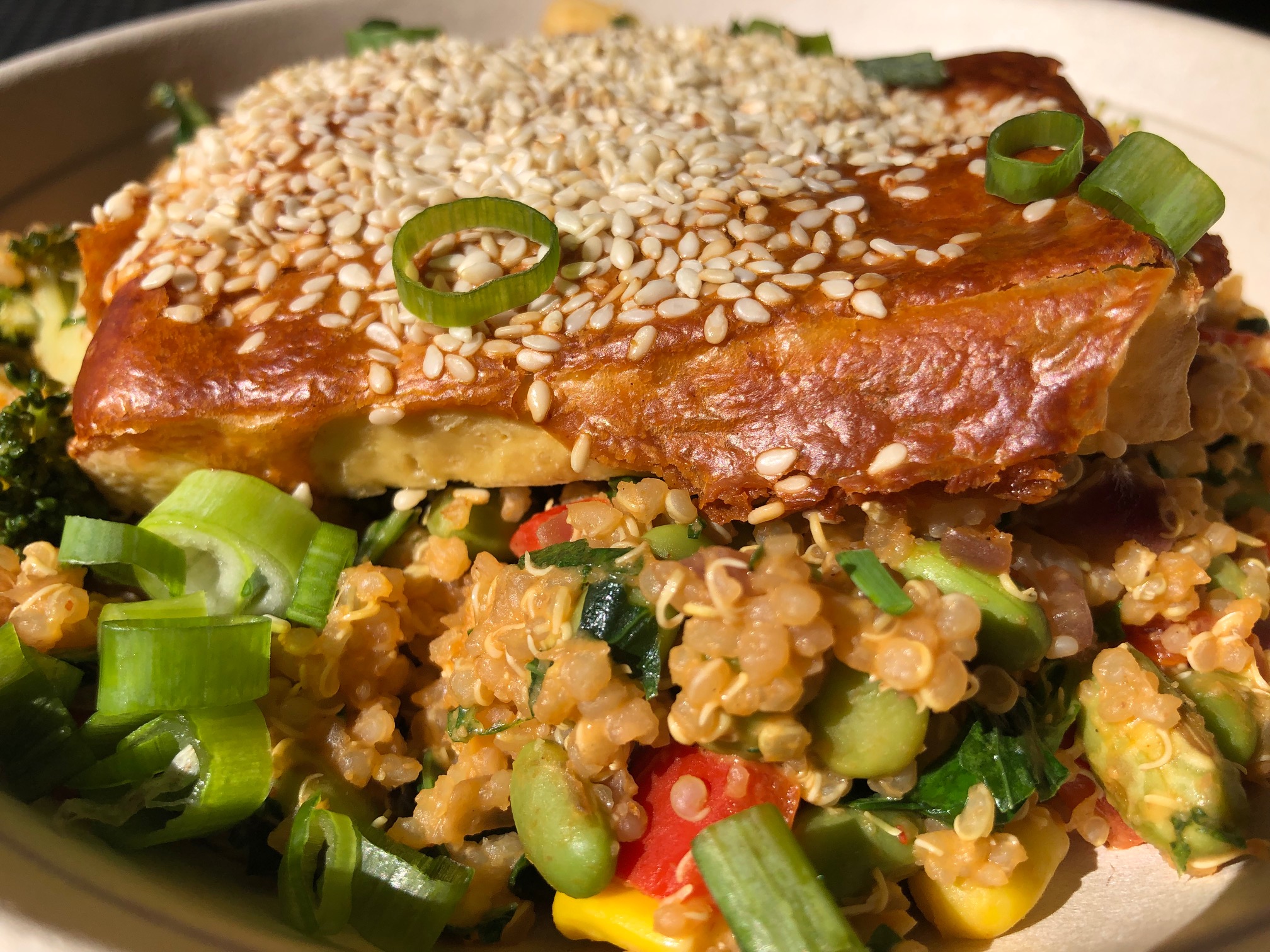 Organic Fried Quinoa with Baked Sesame Tofu and Vegetables