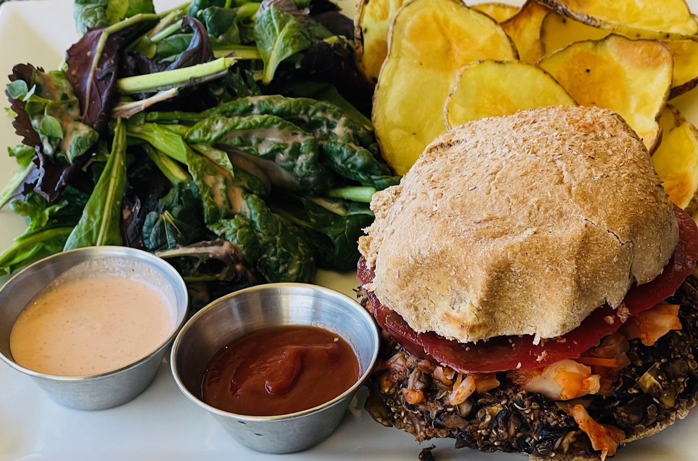 Organic Maitake Quinoa Black Bean Burger with Spring Greens and Golden Chips